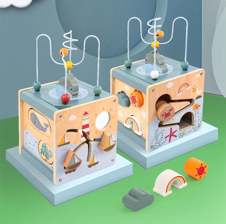 مكعب نشاط خشبي للأطفال الصغار 5 في 1، لعبة فرز أشكال الحيوانات، متاهة الخرز، ألعاب تعليمية مونتيسوري للأطفال من سن 6 إلى 12 شهرًا